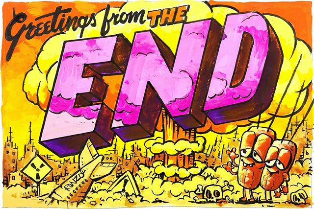 Hand painted postcard: ‘Greetings From The End’ will be on display tonight!!!! @StolenSpaceGallery Summer Group Show ‘Wish You Were Here’

It’s part of an eclectic showcase of ‘postcard-themed’ original artworks by over 40 leading urban artists, including some of my all time favourites, such as:  Adam Caldwell, Alexis Diaz, Augustine Kofie, Beau Stanton, Ben Frost, Buff Monster, Case Maclaim, C215, D*Face, David Bray, Drew Leshko, Erik Jones, Florence Blanchard, Gary Stranger, Herakut, Jaime Molina, Jason Woodside, Josie Morway, Kai and Sunny, Kevin Cyr, Mando Marie, Miss Van, Mysterious Al, Okuda, Paul Stephenson, PICHIAVO, Pref, RYCA, Remi Rough, Seth Armstrong, Shepard Fairey, Sylvia Ji, The London Police, The Lost Object, Vinnie Nylon, Will Barras, Zest

Opens this Thursday! Come celebrate with us!

StolenSpace Gallery
17 Osborn St, London E1 6TD, London, UK

Opening this Thu 5th July 6-9pm
Show runs 06 July – 05 August  Big ups: @alexis_diaz @buffmonster @dface_official @david__bray @kaiandsunny @kevincyrstudio @mysteriousal @missvanofficial @ryca_artist @remirough @obeygiant @thelondonpolice @will__barras,